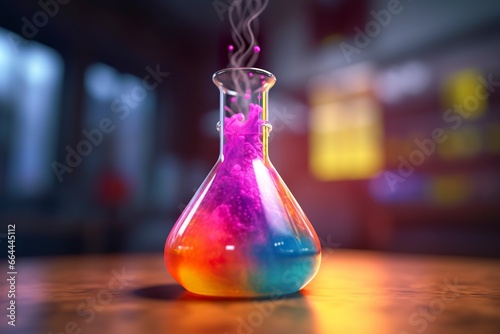 Close Up of a Science Beaker Filled with Multi Colored Liquids. photo