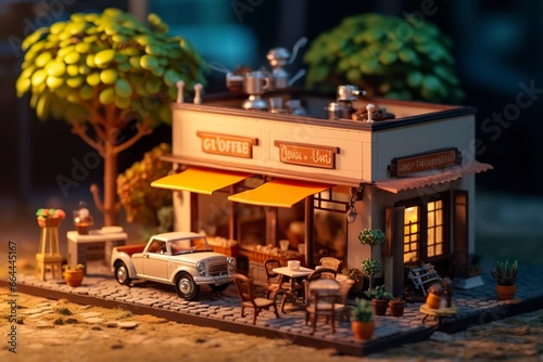 A charming and cozy coffee shop Set beside a busy highway with Warm and golden sunset light, and a Picturesque sunset view with vibrant colors. © MSTASMA