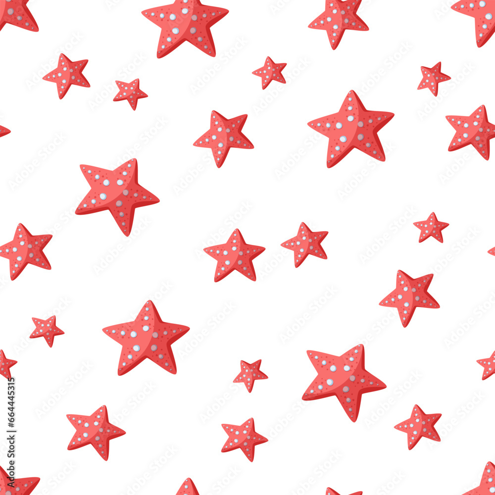Obraz premium Red starfish seamless vector pattern. Underwater animals in the shape of stars with suckers. Flat cartoon style, hand drawn childish illustration on white background. Cute sea backdrop