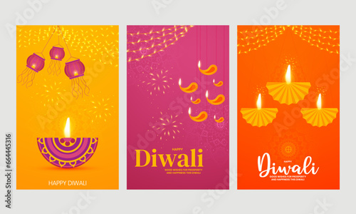 Indian festival Happy Diwali greeting card, invitation card, template design vector illustration set.