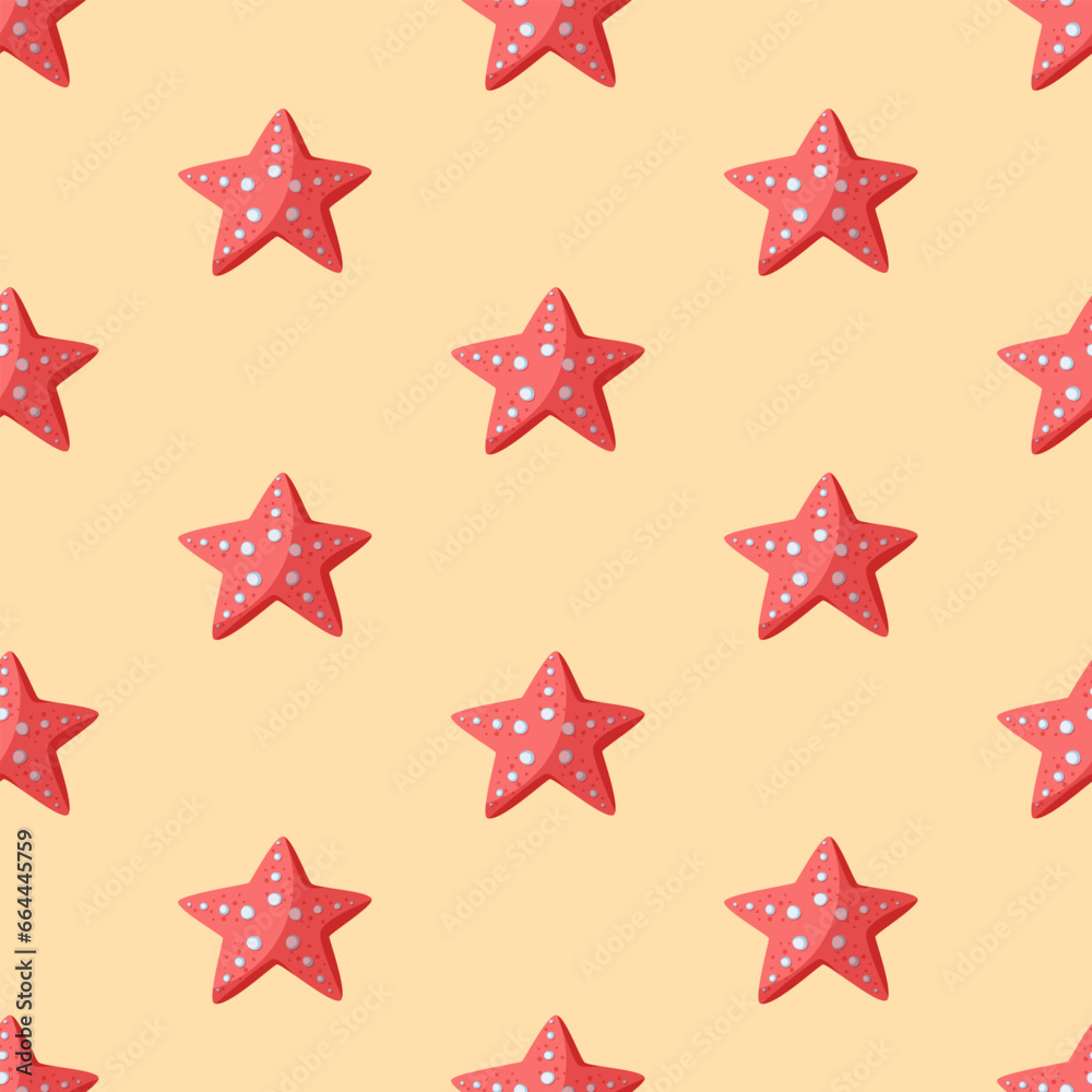 Red starfish seamless vector pattern. Underwater animals in the shape of stars with suckers on the sand. Flat cartoon style, hand drawn childish illustration on a sand background. Cute sea backdrop Red starfish seamless vector pattern. Underwater animals in the shape of stars with suckers on the sand. Flat cartoon style, hand drawn childish illustration on a sand background. Cute sea backdrop