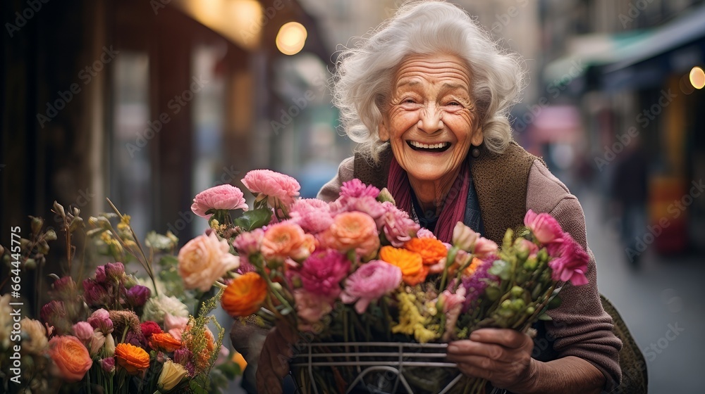 elderly woman with a bouquet of flowers elderly woman with a bouquet of flowers