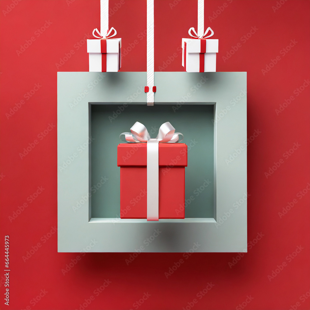 Hanging minimal gift box frame border or d present box icon isolated on red background