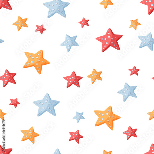 Seamless vector pattern with colorful starfishes on a white background. Summer hand drawn background for package  wrapping paper  banner  print  card  gift  fabric  card  textile  wallpaper  web