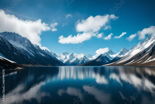 A snow-capped mountain range with a clear blue sky and a lake in the foreground