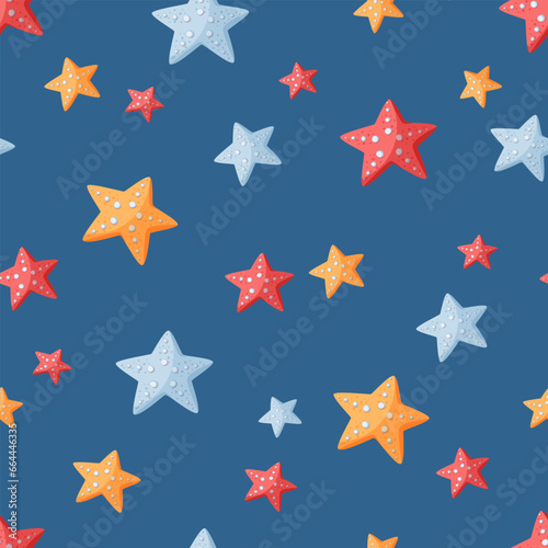 Seamless vector pattern with colorful starfishes on a blue background. Summer hand drawn background for package, wrapping paper, banner, print, card, gift, fabric, card, textile, wallpaper, web