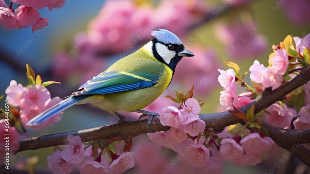 A green jay perched on a blossoming tree