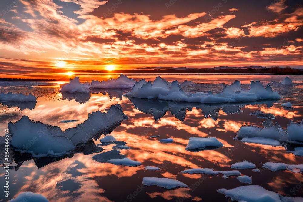 Sunset sky with natural breaking ice over frozen water.