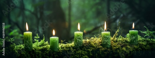 Burning candles on moss, dark green blurred the natural background. Magic candle. photo