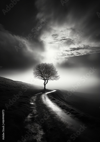 Solitary Tree on Hill - Path Leading Towards it  Dramatic Sky Overhead   Evoking Deep Reflection - Striking Contrast of Bare Tree   Illuminated Pathway - Capturing Essence of Solitude in Nature.