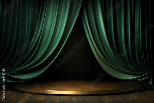Empty theater stage with green velvet curtains. Spotlight showtime copy space