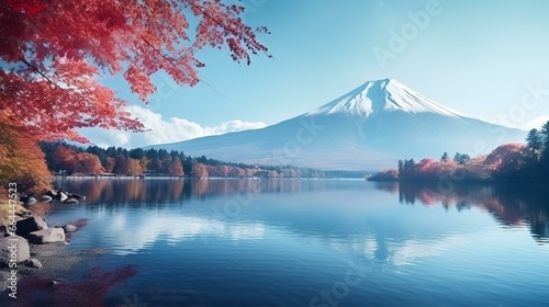 Colorful autumn season and mountain fuji with morning