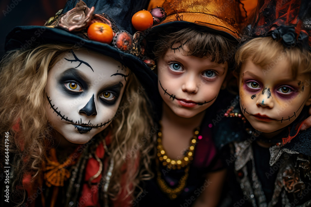 Obraz premium Happy Halloween! Three children in halloween costume and makeup