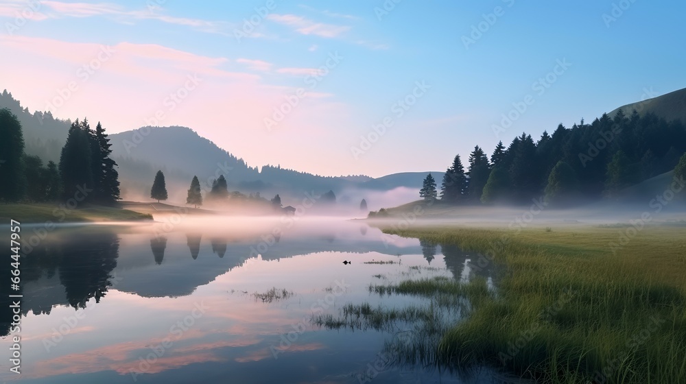 Fototapeta premium Misty morning scene of lacu