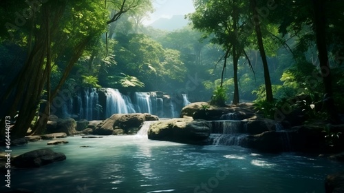 Panoramic beautiful deep forest waterfall in taila