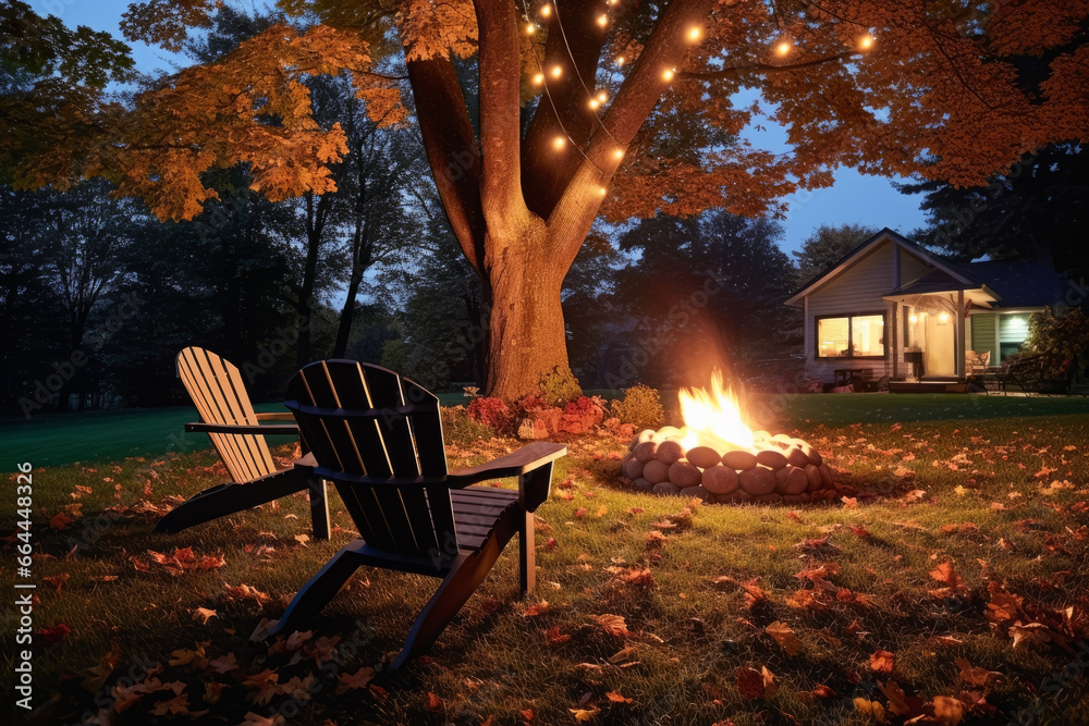Outdoor fire pit with lawn chairs on late autumn night in background of blurred house. Lifestyle concept for family and events.
