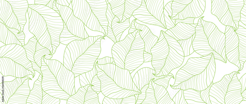 Tropical leaves wallpaper, luxury botanical nature leaf design, vector background with green leaf lines. Hand drawn, suitable for fabric design, print, cover, banner and invitations.