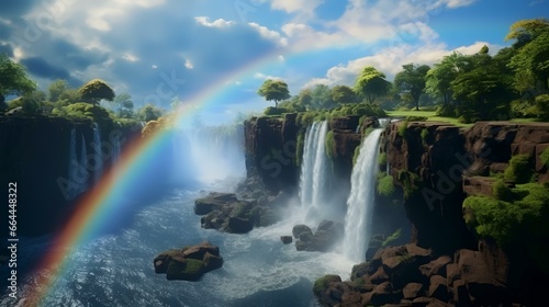 Scenic view of waterfall and rainbow