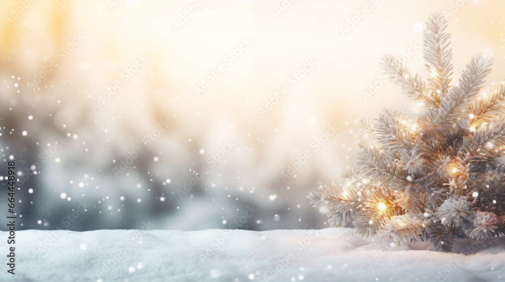 Christmas background with tree and snow with blurred background
