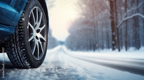 Car winter tire on a snowy road, close up view with copy space