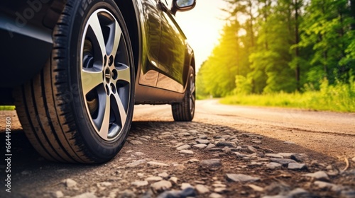 Car tire on a stony road, close up view with copy space