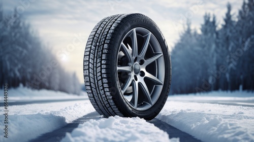 Winter tire on a snowy road, close up view with copy space