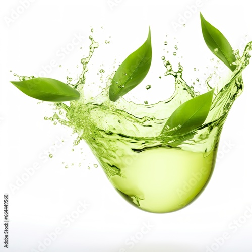 Green herbal tea wave splash with leaves flow.