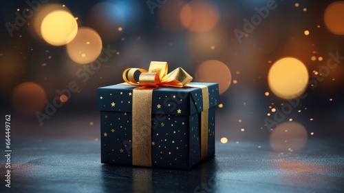 Black gift box with golden ribbon and bow on isolated dark bokeh background © GulArt