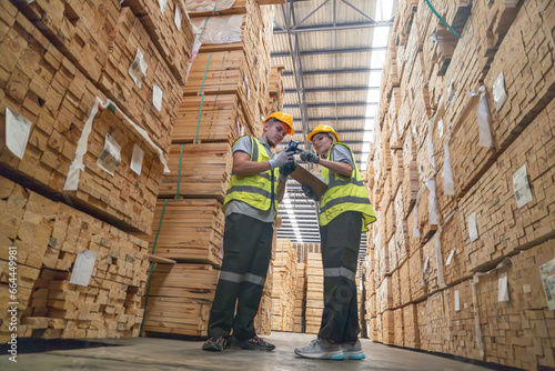 Warehouse staff verify wooded pallets items using handheld device, ensuring precise shipment. © SpaceOak