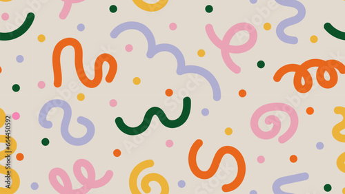 Fun colorful abstract background in doodle style. Simple childish scribble backdrop. Creative minimalist hand drawn pattern with bright cute elements. Random confetti, swirls, bundles and dots