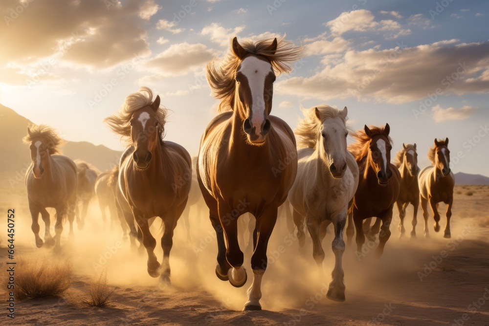 Fototapeta premium a group of big young beautiful energetic powerful horses running or galloping towards the camera in the desert, ultra wide angle lens