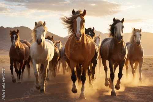 a group of big young beautiful energetic powerful horses running or galloping towards the camera in the desert, ultra wide angle lens