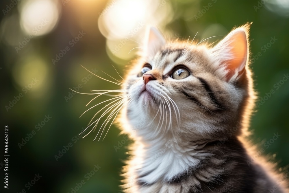 Playful funny kitten looking up.