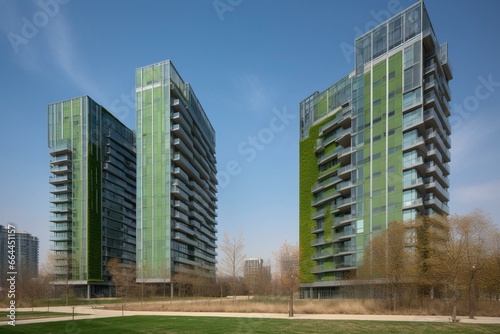 Blend: vibrant green woods and contemporary high-rises. Generative AI