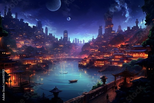 A mesmerizing night scene in a city of imagination. Generative AI