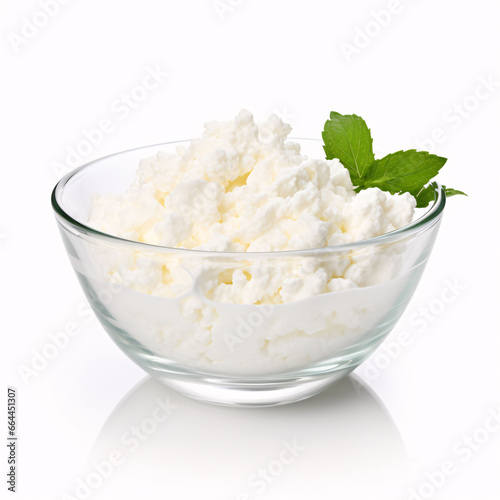 Cottage cheese in glass bowl on a white background