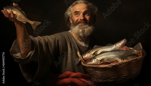 Apostle Peter holding basket full of fish after miracle photo