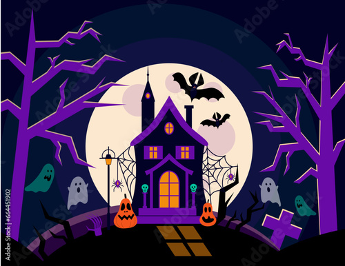 Halloween  haunted house, pumpkins, ghosts, bats and graveyard   on dark background. Vector Flat Illustration. Full Moon Night in Spooky Forest. 