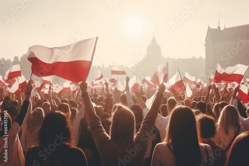 View from Behind on a Group of People Waving Poland Flags on a Street