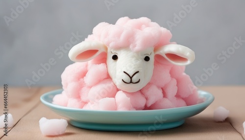 Pink cotton candy in the shape of cute sheep on the blue plate. Eastern holiday seasonal food sweet background. Spring celebration backdrop photo