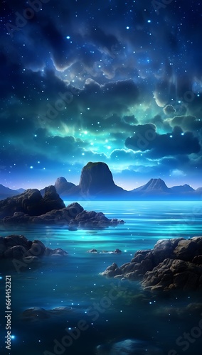 Fantasy landscape with mountains, sea and stars. Digital art painting.
