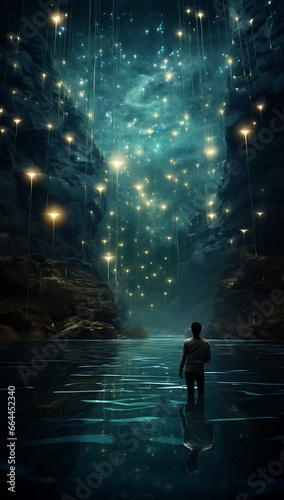 Man standing in the middle of a dark sea with glowing stars around him