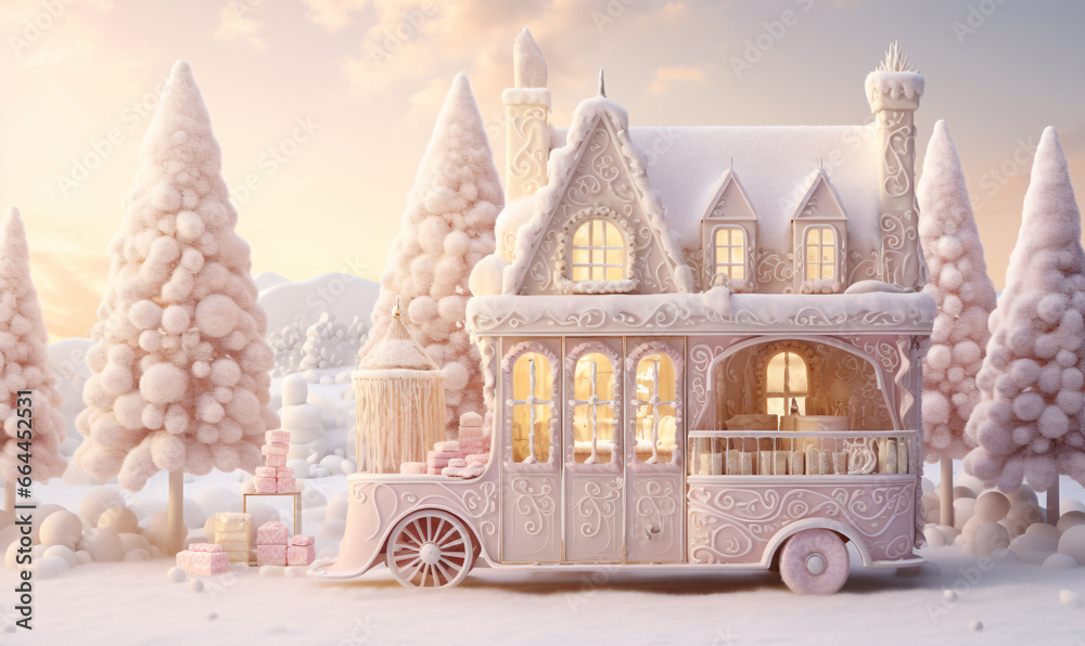 A sweet candy house on wheels passes through a sweet forest made of cotton candy. A magical winter wish. generative Ai