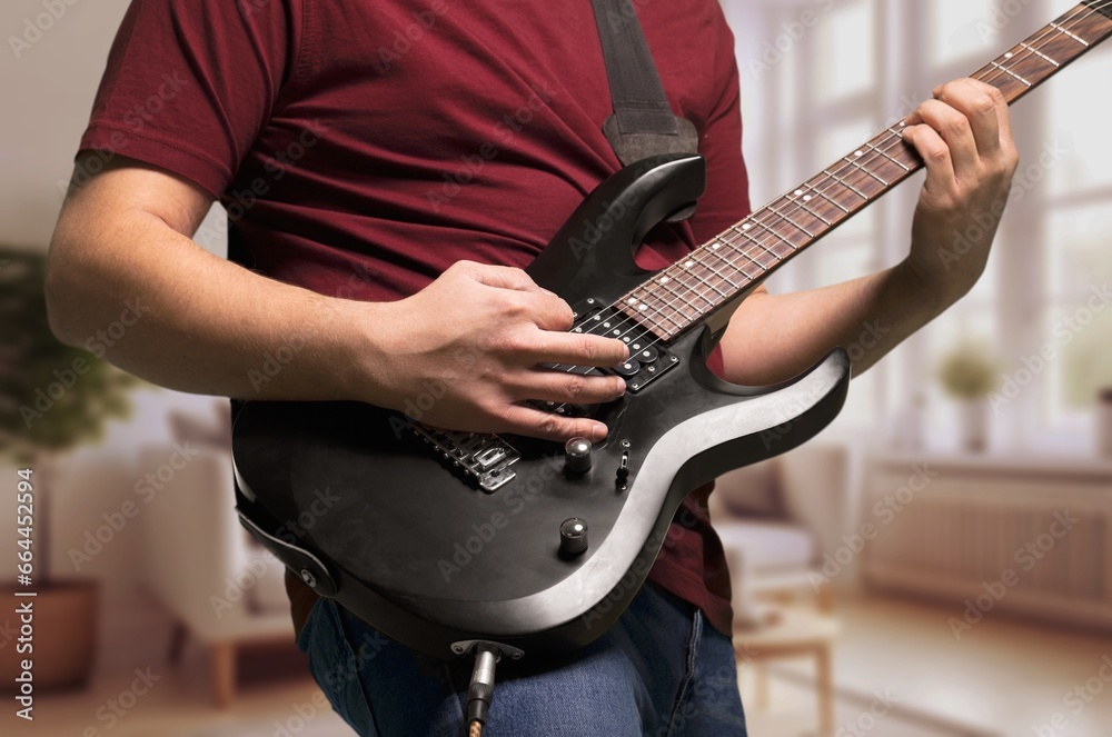 Cheerful young Student man Playing Guitar, AI generated image
