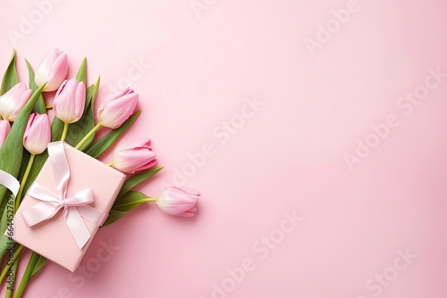 Pink gift box with ribbon bow and bouquet of tulips on isolated pastel pink background. © MSTASMA