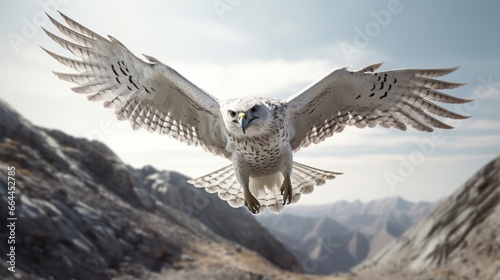 White gyrfalcon soaring over a shadowy landscape photo