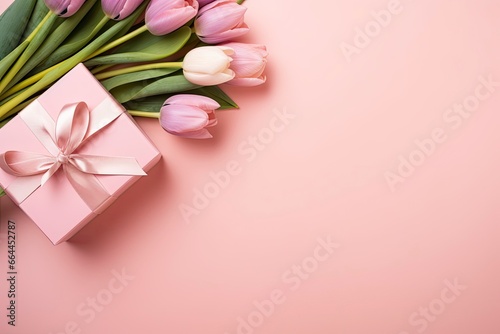 Mother's Day concept. Pink gift box with ribbon bow and a bouquet of tulips. © MSTASMA