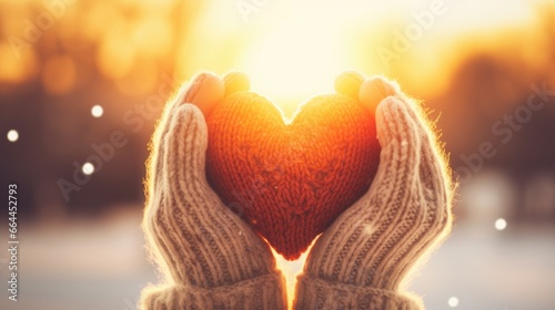 Hands in gloves holding heart shape knitted object on a blurred winter landscape background with trees