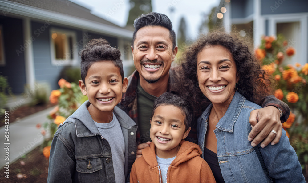 Cheerful Mixed-Race Family on Home Driveway: A Portrait of Togetherness Cheerful Mixed-Race Family on Home Driveway: A Portrait of Togetherness