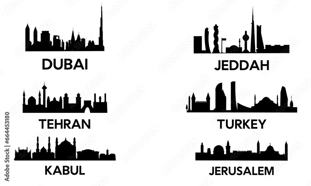 (DUBAI, TURKEY, TEHRAN , JERUSALEM , KABUL ,JEDDAH )City Skylines silhouettes